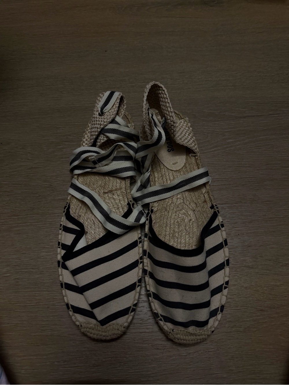 Soludos Striped Black and Cream Espadrille Tie-Front Flats